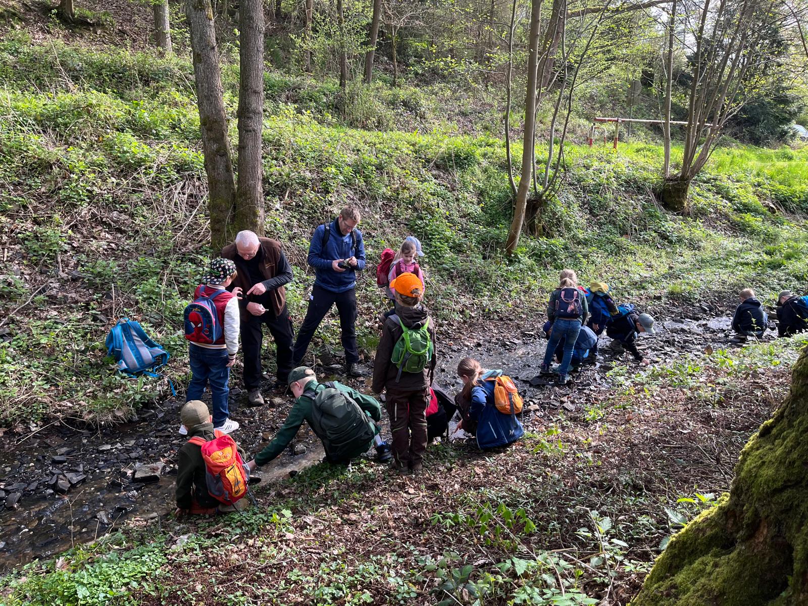 Geokids-Veranstaltungen in Marsberg Eine Gruppe Kinder erforscht einen Bach